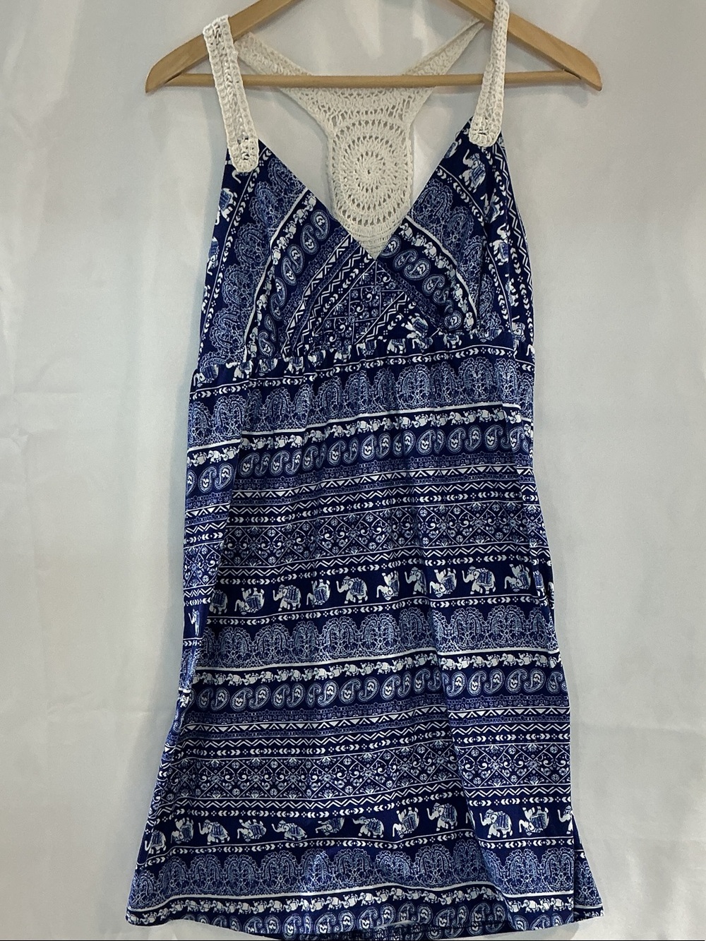 No Boundaries Navy and White Printed Crochet-Trim Mini Sundress